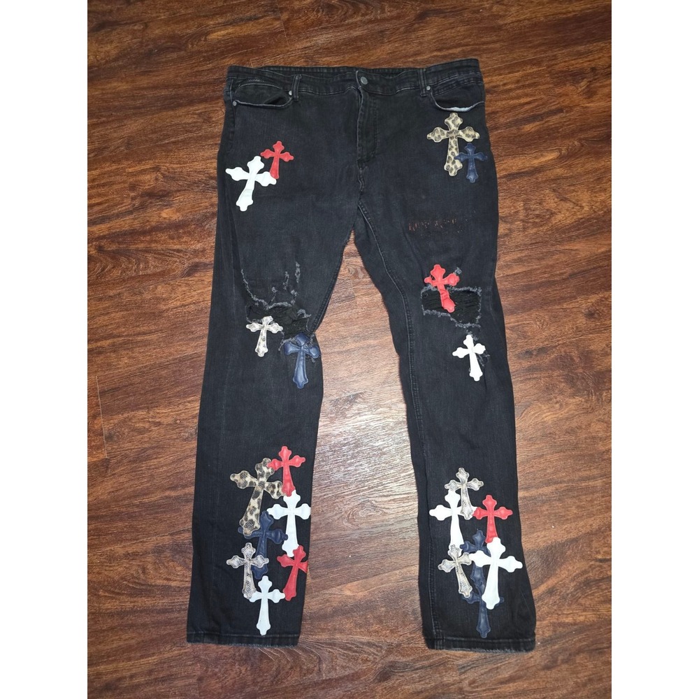 Rockstar Original Ultra Slim Black Distressed Jeans Cross Patch Denim 44x32